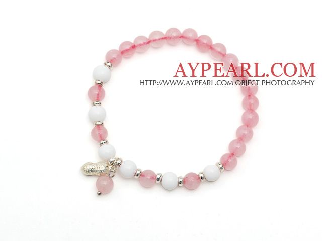 Lovely Simple Style Single Strand Round Rose Quartz Elastic Bracelet with White Sea Shell and 925 Sterling Silver Peanut Accessory