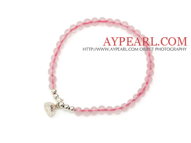 Lovely Simple Style Single Strand Round Rose Quartz Stretchy Bracelet with 925 Sterling Silver Lotus Seedpod Accessory