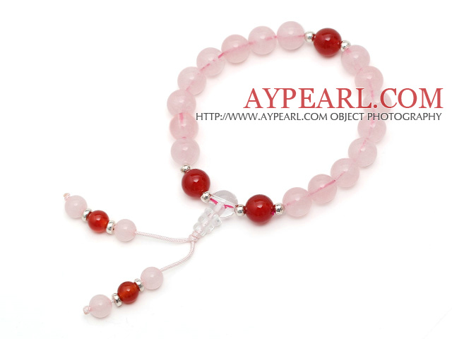 Lovely Single Strand Round Rose Quartz Elastic Bracelet with Carnelian and Clear Crystal Prayer Beads