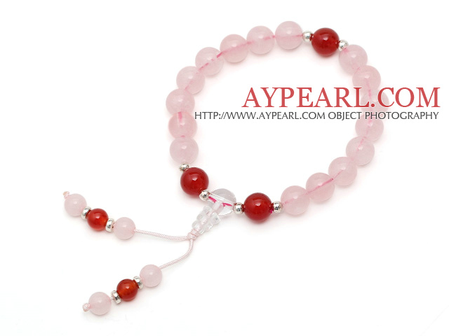 Schöne Single Strand Round Rose Quartz elastisches Armband mit Karneol und Clear Crystal Gebetskette