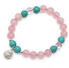 Lovely Single Strand Round Rose Quartz Stretchy Bracelet with Turquoise Ctystal and Sterling Silver Lucky Bag