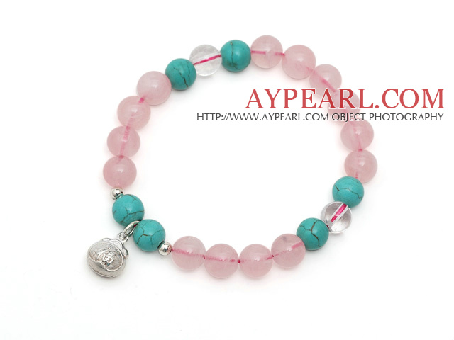 Nydelig Enkelt Strand Round Rose Quartz Stretchy armbånd med turkis Ctystal og Sterling Silver Lucky Bag