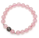 Lovely Simple Style Single Strand Round Rose Quartz Stretchy Bracelet with 925 Sterling Silver Lotus