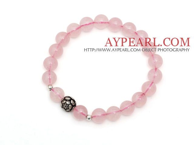 Nydelig Enkel stil Enkelt Strand Round Rose Quartz Stretchy armbånd med 925 Sterling Silver Lotus