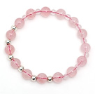 Lovely Simple Style Single Strand Round Rose Quartz Stretchy Bracelet with 925 Sterling Silver Beads