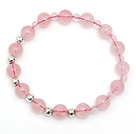 Lovely Simple Style Single Strand Rund Rose Quartz Stretchig Armband med 925 Sterling Silver Pärlor