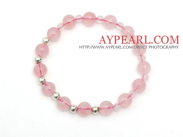 Lovely Simple Style Single Strand Round Rose Quartz Stretchy Bracelet with 925 Sterling Silver Beads