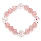 Beau modèle simple brin rond Rose Quartz Bracelet élastique avec Clear ctystal Lotus et l'argent sterling perle