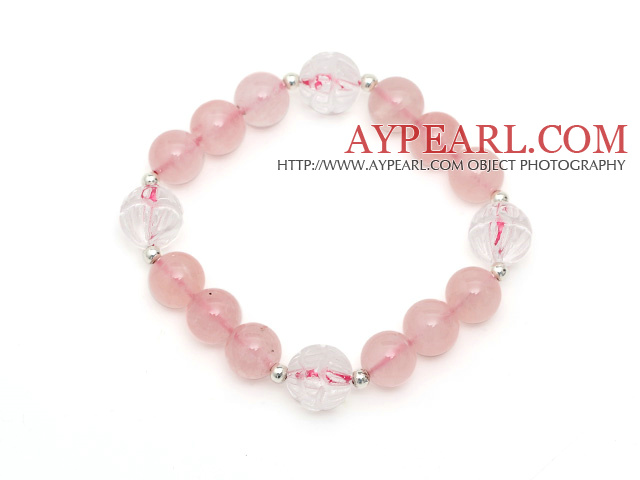 Lovely Style Single Strand Rund Rose Quartz Elastisk armband med Clear Ctystal Lotus och Sterling Silver Pärlor