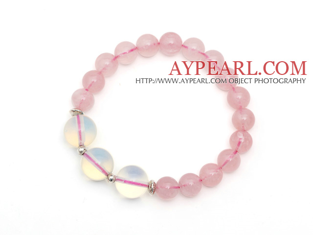 Lovely Style Single Strand Round Rose Quartz Elastic Bracelet with Round Opal and Sterling Silver Beads