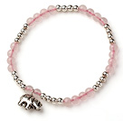 Lovely Style Single Strand Round Rose Quartz and Silver Beads Bracelet with 925 Sterling Silver Elephant Accessory