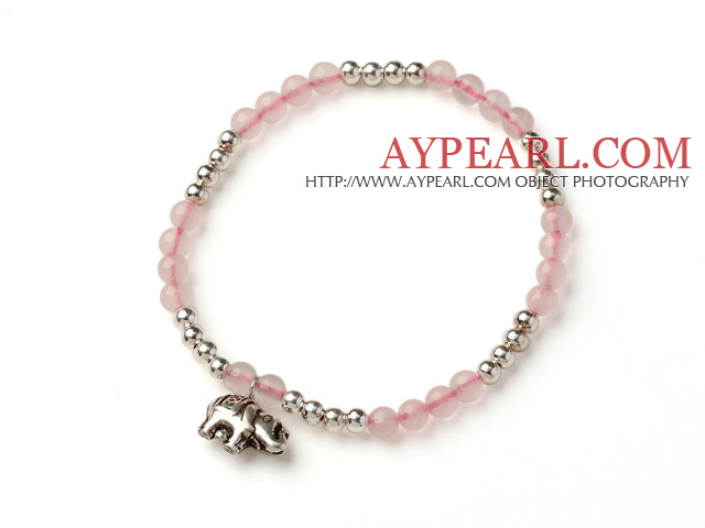 Nydelig stil enkelt Strand Round Rose Quartz og sølv perler armbånd med 925 Sterling Silver Elephant Accessory
