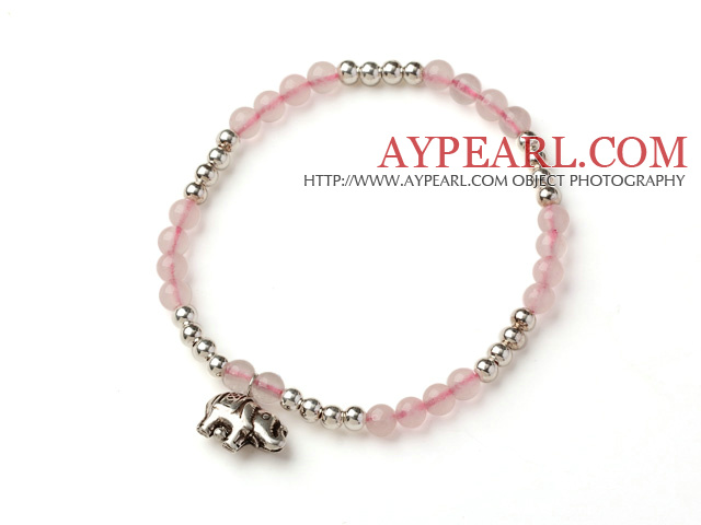 Lovely Style Single Strand Rund Rose Quartz och silver pärlor armband med 925 Sterling Silver Elephant tillbehör