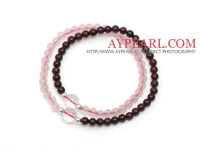 Lovely Two Strands 4mm Round Garnet and Rose Quartz Beads Bracelet with Clear Crystal Beads