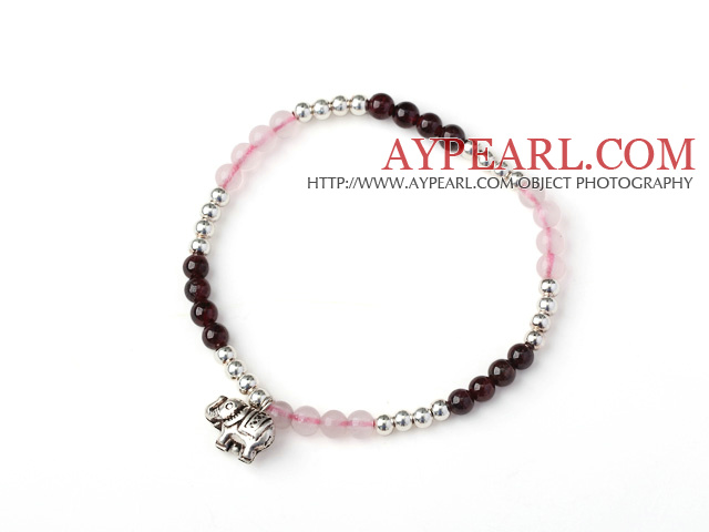 Charming Simple Style Round Garnet and Rose Quartz and Sterling Silver Beads Bracelet with 925 Sterling Silver Elephant