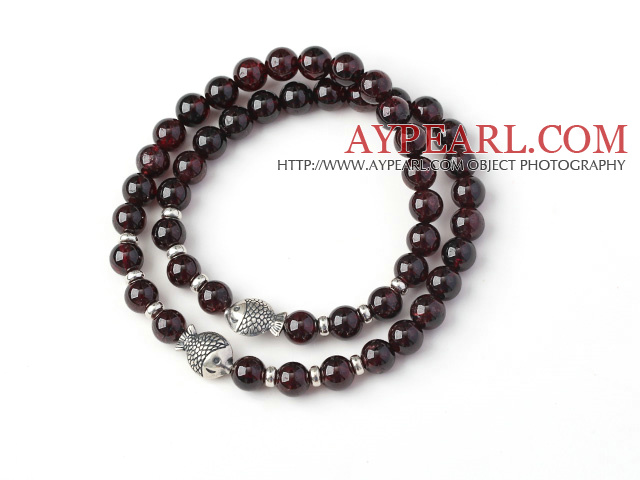 Charming Two Strands 6mm Round Garnet Bracelet with Sterling Silver Fish Accessory