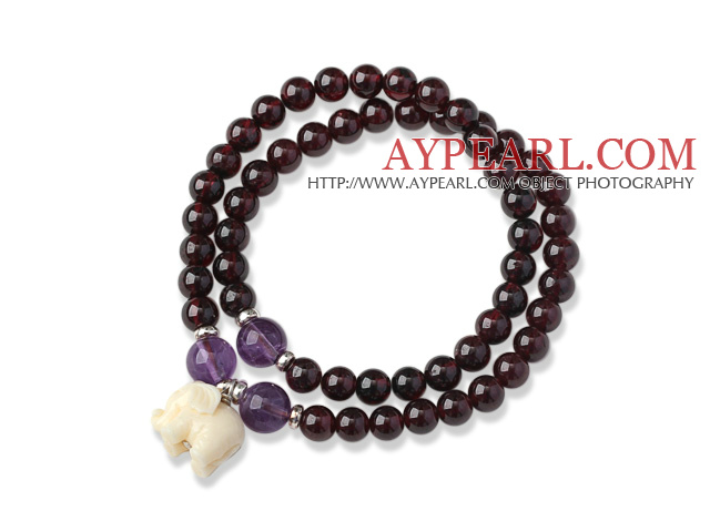 Charming Two Strands Round Garnet Beads Bracelet with Amethyst Beads and Elephant Accessory