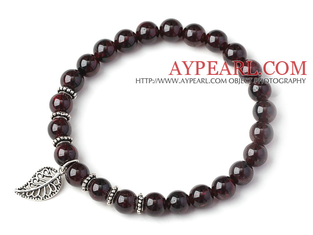 Charming Simple Style 7mm Round Garnet Beads Bracelet with 925 Sterling Silver Leaf Accessory