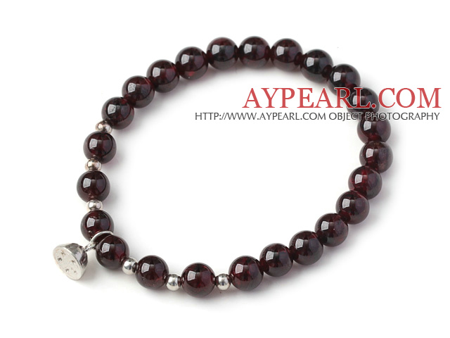 Charming Simple Style 7mm Round Garnet Beads Bracelet with 925 Sterling Silver Lotus Seedpod