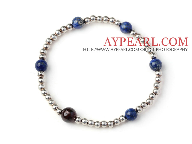 Enkel stil enkelt Strand Runde Lapis og Garnet og Sterling sølv perler armbånd