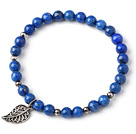 Cute Single Strand 6mm Round Lapis Beads Bracelet with Sterling Silver Leaf Accessory