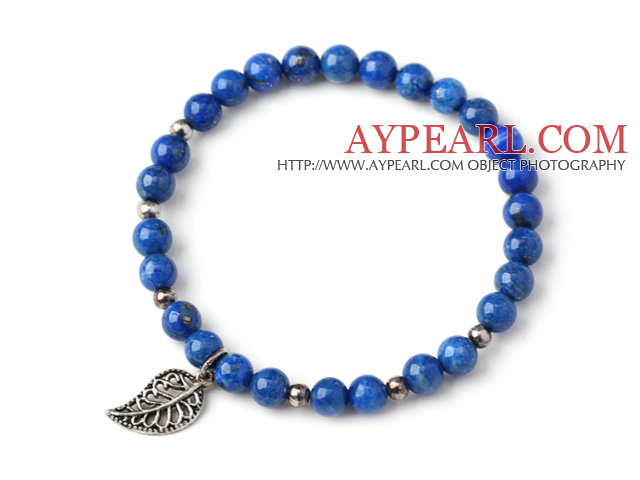 Cute Single Strand 6mm Round Lapis Beads Bracelet with Sterling Silver Leaf Accessory