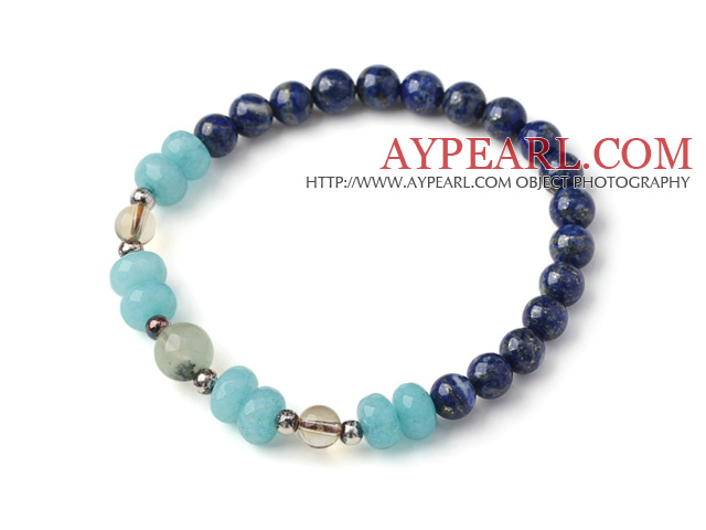 Trendy Ενιαία Δέσμη Round Lapis χάντρες Βραχιόλι με μπλε Jade Citrine και Prehnit