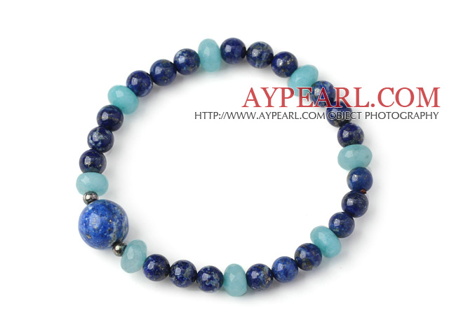 Trendy Single Strand Round Lapis Beads Bracelet with Faceted Blue Jade Beads