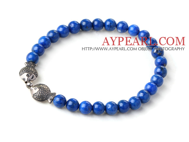 Cute Single Strand 6mm Round Lapis Beads Bracelet with Sterling Silver Double Kissing Fish Accessory