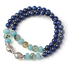 New Popular Two Strands Round Lapis Beads Bracelet with Blue Jade Prehnit and Sterling Silver Kissing Fish