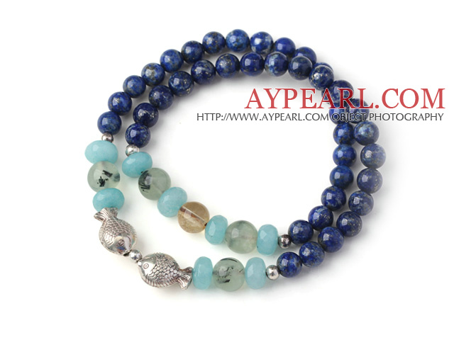 New Popular Two Strands Round Lapis Beads Bracelet with Blue Jade Prehnit and Sterling Silver Kissing Fish