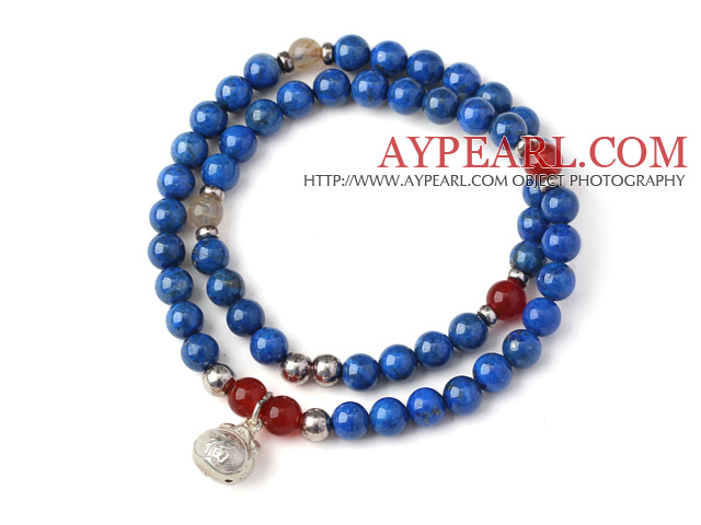 New Popular Two Strands Round Lapis Beads Bracelet with Rutilated Quartz Carnelian Beads and Sterling Silver Lucky Bag