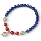 Cute Single Strand Round Lapis Beads Bracelet with Prehnit Coral and 925 Sterling Silver Pig Accessory
