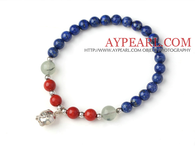 Mignon Single Strand ronde Lapis bracelet de perles avec Prehnit Corail et Argent 925 Pig accessoire