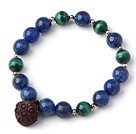 Wholesale Trendy Single Strand Round Lapis Beads Bracelet with Malachite Beads and Red Sandalwood Lotus Seedpod