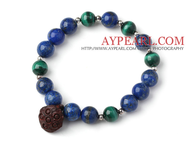 Trendy Single Strand Round Lapis Beads Bracelet with Malachite Beads and Red Sandalwood Lotus Seedpod