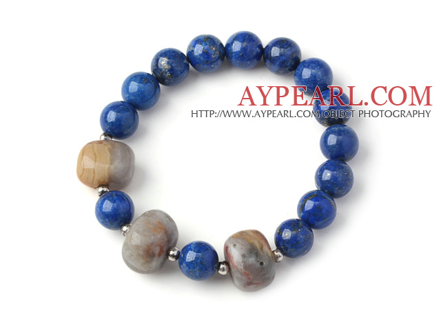 Trendy Single Strand Round Lapis Beads Bracelet with Crazy Lace Agate Beads