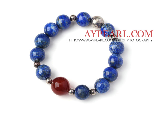 Trendy Single Strand Round Lapis Beads Bracelet with Round Sterling Silver Beads and Carnelian