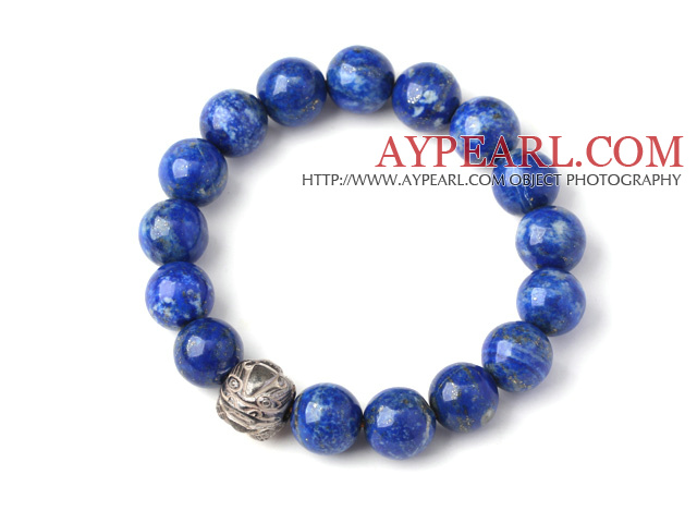 Trendy Single Strand 12mm Round Lapis Beads Bracelet with Sterling Silver Pixiu Accessory