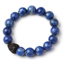 Trendy Single Strand 12mm Round Lapis Beads Bracelet with Wood Lotus Accessory