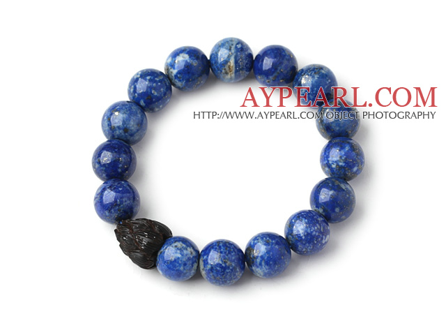 Trendy Single Strand 12mm Round Lapis Beads Bracelet with Wood Lotus Accessory