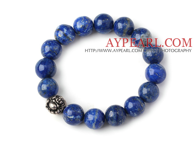 Trendy Single Strand 12mm Round Lapis Beads with Thai Silver Buddha Accessory