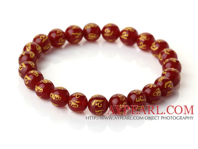 8mm Enkelt Strand Round Red kalsedon Beaded Stretchy armbånd med Trykt Ord