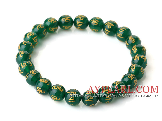 8mm simple brin rond vert calcédoine perlée bracelet extensible avec des mots imprimés