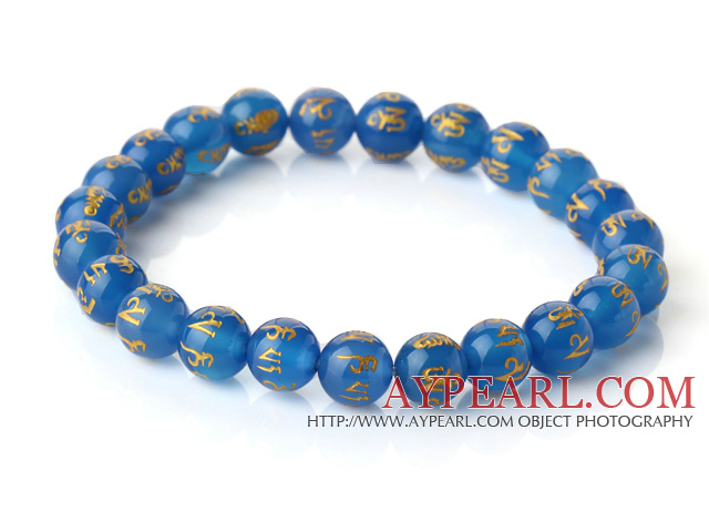 8mm simple brin rond bleu perlé calcédoine bracelet extensible avec des mots imprimés