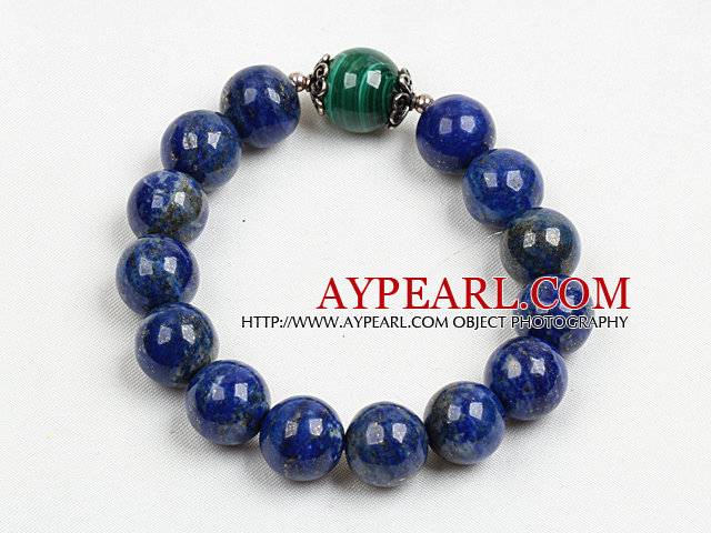 Simple Single Strand Dyed Lapis And Green Phoenix Stone Beads Elastic/ Stretch Bracelet