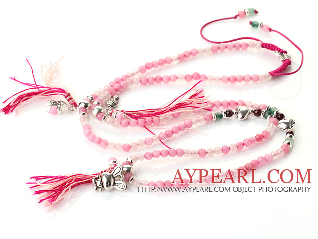 New Amazing Multi Layer Round Pink Jade Beaded Bracelet with Fish and Rabbit Accessory(can also be as necklace)