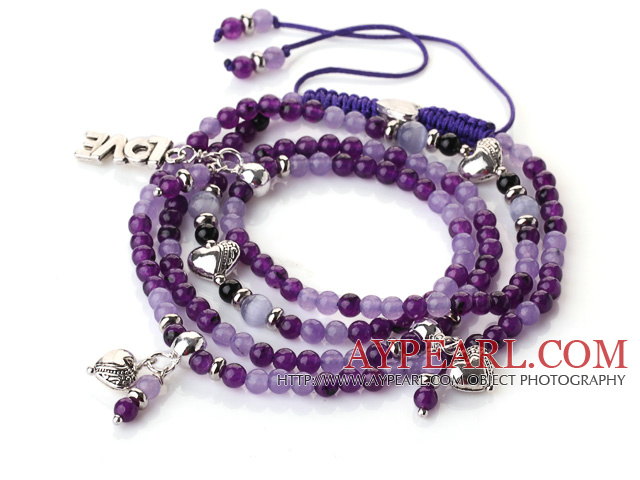 Ny Amazing Multi Layer Round Purple Jade armbånd med hjerte sjarm og Love Letter ( kan også være som kjede )