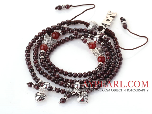 New Amazing Multi Layer Round Garnet Beaded Bracelet with Heart Charm and Love Letter(can also be as necklace)