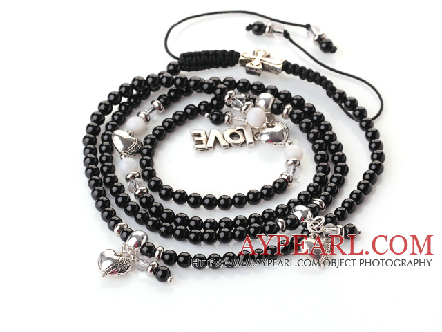 New Amazing Multi Layer Round Black Agate Bracelet with Heart Charm and Love Letter(can also be as necklace)